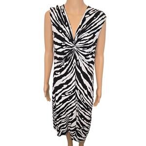 Michael Kors Black‎ White Zebra Print Knot VNeck Sleeveless Midi Dress Large